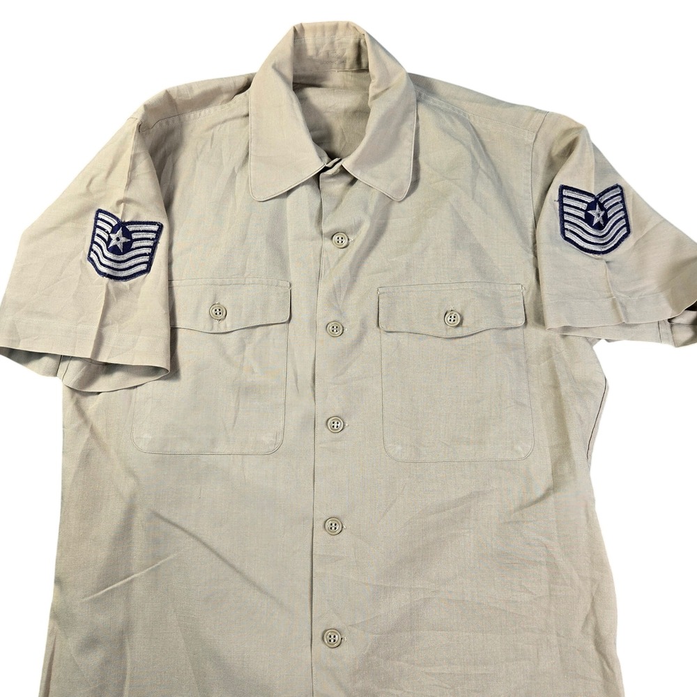 Vintage US Air Force MSgt Short Sleeve Khaki Uniform Shirt Tan Military Sz 15.5